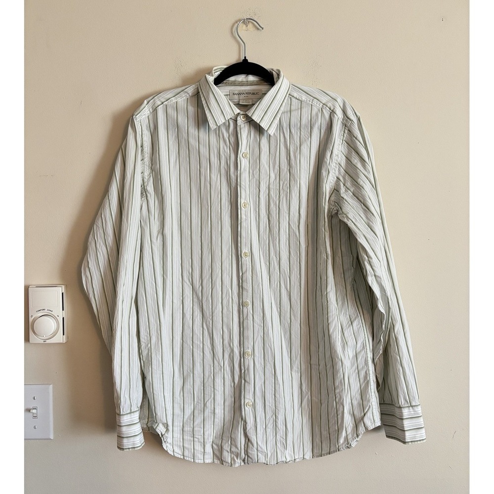 Banana Republic Button Up Shirt Mens Large Green Stripe Office Business Casual